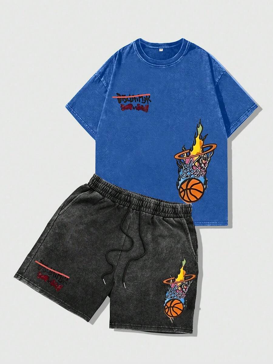 Conjunto de camiseta y pantalones cortos con estampado de letra y llama vintage lavado para hombre Hemo - Negro - Ver 1