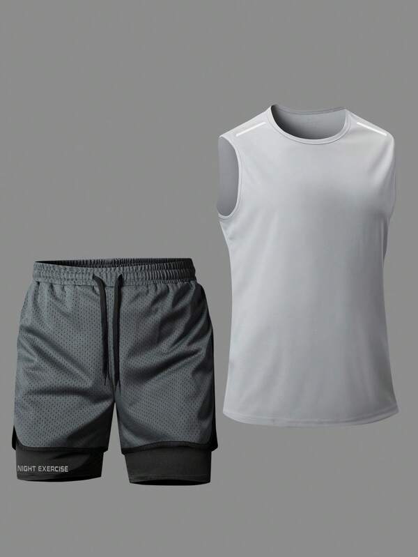 Casual Outdoor Sports Set: Lightweight Grey Sports Tank Top And Breathable Shorts, Fashionable And Comfortable, Suitable For Summer Exercising, Running, Hiking