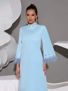 Modphy 2025 New Elegant High Collar Rhinestone Faux Feather Flare Sleeve Slim Fit Long Dress, Women's Formal Dress For Graduation, Party, Banquet, Gown, For Evening, Wedding Guest - Baby Blue - View 6