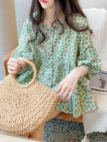 YUXIN 夏季新款宽松甜美3/4袖圆领休闲衬衫，时尚蝙蝠翼碎花衬衫