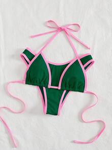 PEPPERMOLLY New Solid Color Soft Halter Tie Sexy Bikini,Women Fashion Swimsuit For Beach, Summer - Green - View 3