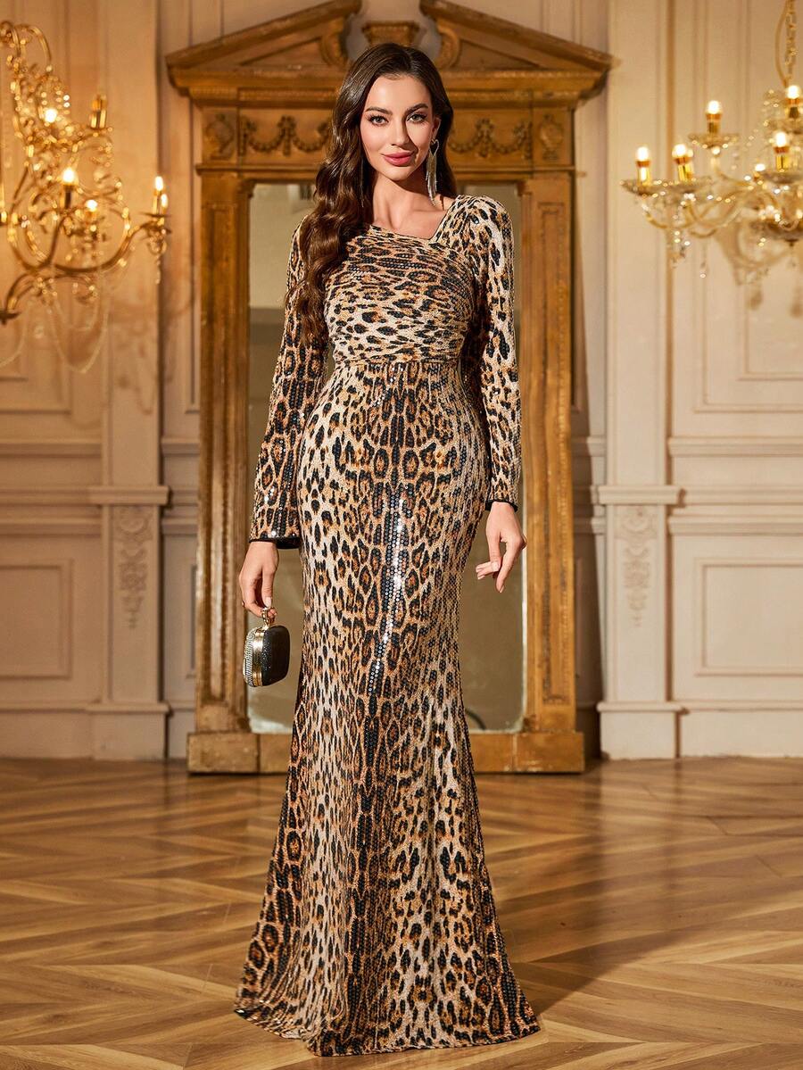 [Randomly Cut] V-Neck Sequin Leopard Print Regular Length Body-Hugging Long Party Evening Gown Dress With Ruched Sleeve Design, Formal, For Wedding Guest - Gold - View 1