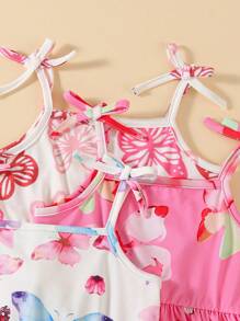 3pcs/Set Baby Girls' Cartoon Butterfly Printed Cute Strap Dress With Bow, Summer Resort Style