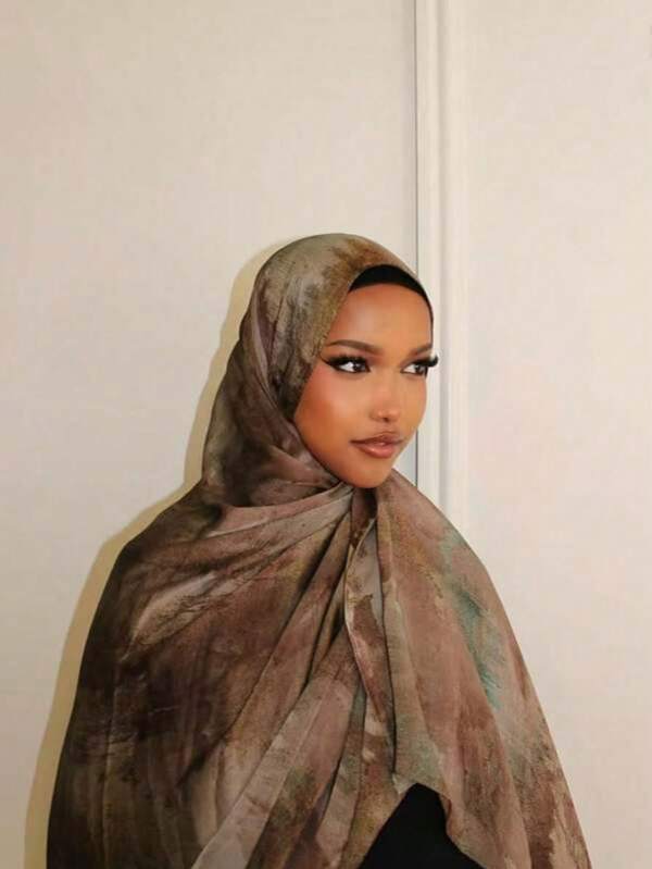 1PC Women's Hijab Bohemian Scarf Marble Print Pattern Silk Feeling Long Shawl Pashmina, Suitable For Daily And Holiday Wear