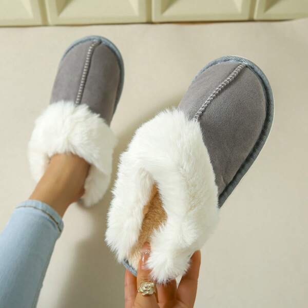Pantuflas de unicolor y esponjosas, zapatos de plataforma de base blanda con forro de piel, zapatos silenciosos antideslizantes, pantuflas de casa de moda de invierno para parejas, Lindas diapositivas de peluche