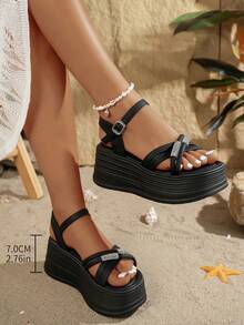 SHIHUA Schwarze Riemen-Sandalen Damen 2025 Neu Sommer Plateau-Sohle mit Strass verziert Kleid Sandalen, Plateau Römische Schuhe für den Strand - Schwarz - Übersicht 5