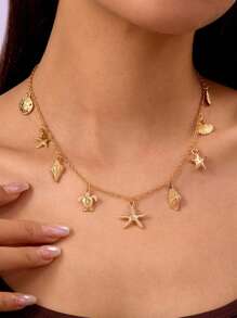 1 pezzo Collana con ciondoli di stile bohémien con stelle marine, conchiglie e tartarughe, adatta per spiaggia, viaggi, feste e occasioni di ristorazione