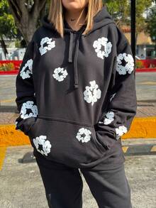 Sudadera con Capucha Unisex con estampado de flores - Negro - Ver 2