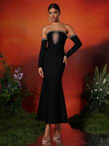 Love Aing 女士性感露肩长袖水钻鱼尾网眼拼接绷带派对优雅连衣裙、婚礼宾客礼服、舞会礼服 - 黑色 - 查看 4