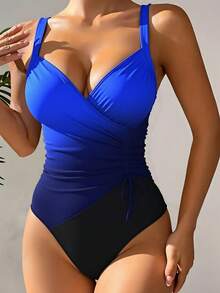 New European And American Style Women Digital Print Cross-Tied One-Piece Swimsuit, Sexy And Slimming - Royal Blue - View 1