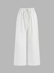松紧腰抽绳休闲纯色阔腿裤 - 白色 - 查看 1