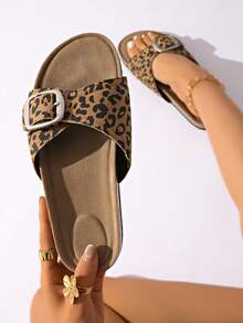 2025 Spring/Summer New Asymmetrical Leopard Print Thick Sole Sandals For Women, Open Toe Breathable Beach Slippers, Buckle Decor, Slip-On Thick Bottom Casual Slides
