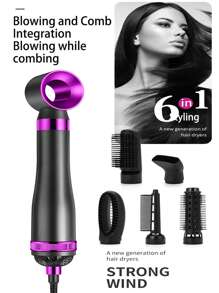 Spazzola per acconciature rapida 6 in 1-Arricciatura e stiratura automatica, Modellatore d aria a 3 velocità regolabili con accessori intercambiabili (arricciacapelli, pettine, piastra per capelli, ugello), adatto per tutti i tipi di capelli, non danneggia i capelli, regalo perfetto per casa e viaggio, design a manico capiente.