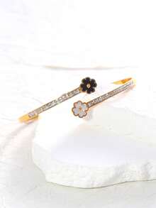 1pc Stainless Steel High-End Personalized Clover Shell Paved Titanium Steel Bangle Bracelet - Gold - View 3