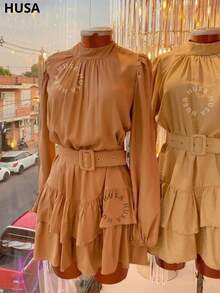 Long Sleeve Dress With Belt Simple Casual Elegant Boho Fabric With Belt Ruffle Hem Country Chic Evening Party Daily Baby Shower Winter - Rỉ Nâu - Xem 6