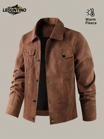 LEDUNTINO Męska modna kurtka skórzana na co dzień, na guziki, sportowa, jednolita, z klapami, prezent dla męża, prezent dla chłopaka, męska kurtka wiatroszczelna na wiosnę i jesień, skórzana kurtka, z wieloma kieszeniami, na ulicę, na motocykl, skórzana kurtka, odzież męska na wiosnę i jesień, polar