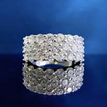 SHE IN Cubic Zirconia Three Row Eternity Ring For Women Round Cut CZ Sterling Silver Wide Wedding Bands Rings For Her