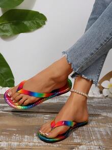 Vibrant, Flip-Flops With Abstract Fluid And Rainbow Patterns Composed Of Colorful Lines And Blocks, Presenting A Lively, Free, And Artistic Visual Effect. Comfortable And Fashionable Flat Slides For Casual Wear And Indoor Use - Multicolor - View 4
