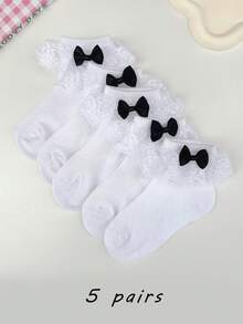 5 Pairs Baby/Toddler Girls' Cute Lace Bow Trim Ankle Socks, Suitable For Daily Basic Matching - White - View 1