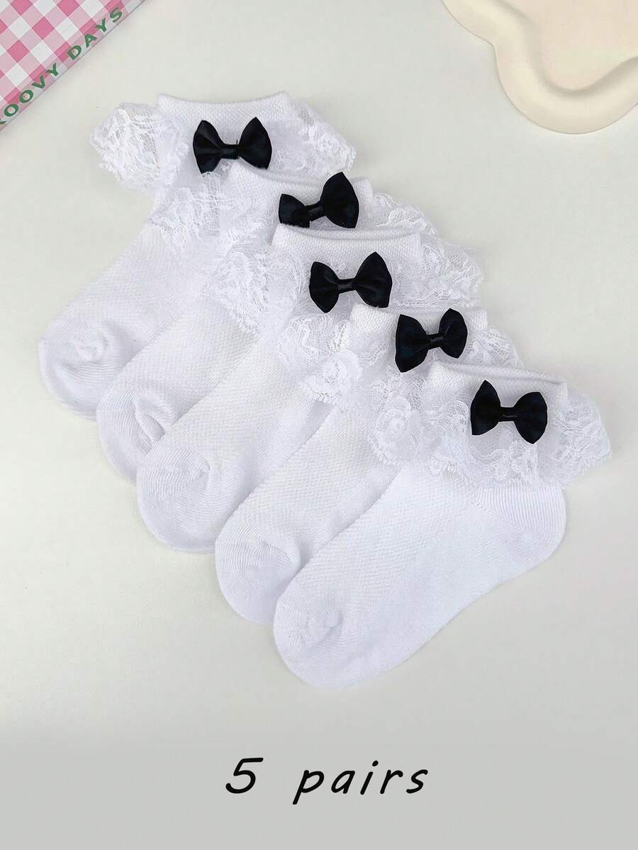5 Pairs Baby/Toddler Girls' Cute Lace Bow Trim Ankle Socks, Suitable For Daily Basic Matching - White - View 1