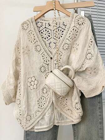 JIANHU Petite Boho Crochet Cardigan - Romantic Floral & Geometric Lace Cover-Up For Vacation & Daily Wear | Lightweight V-Neck Button-Up Knit (Perfect For Petite Frames)