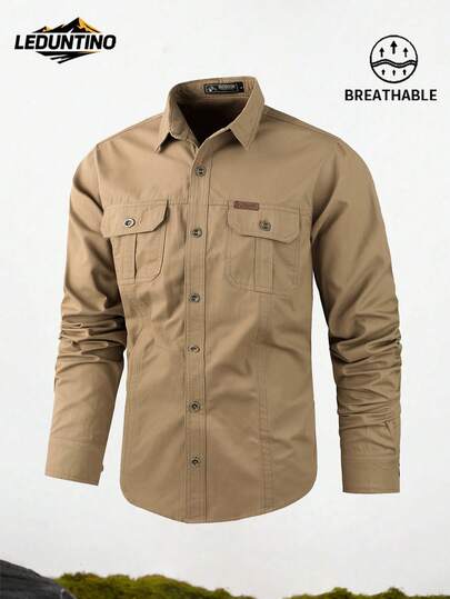 LEDUNTINO [Primavera/Verano] Camisa casual con botones de moda para hombre para exteriores, color verde sólido, deportiva, tipo cargo, regalo para novio, camisa de manga larga para hombre, multicolor, de bolsillo doble, diseño de solapa, ropa de primavera/otoño
