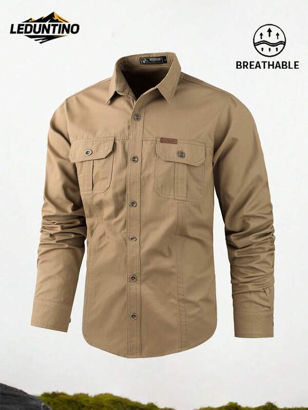 LEDUNTINO [Frühling/Sommer] Herren Mode Knopf-Oben Lässiges Outdoor Hemd, Einfarbig Grün, Sport, Cargo, Freundin Geschenk, Herren Langarm Hemd Oberteil, Mehrfarbig, Doppeltasche, Kragen Design, Frühling/Herbst Bekleidung