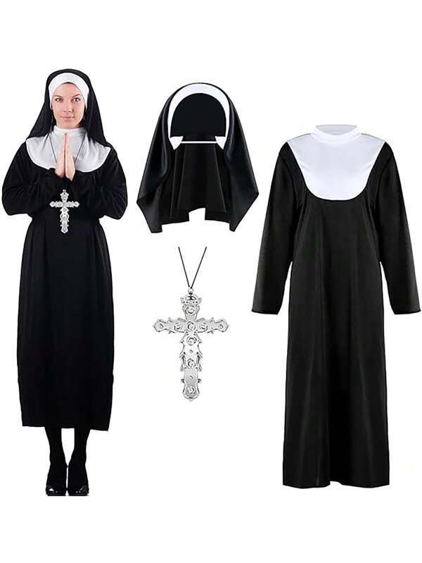 3pcs Sister Smyface Costume, Black Dress, Pendant And Headdress, Saint And Sinner Costume, Cosplay Nun Costumes