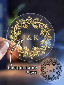 30/60/120/240Pcs Custom Name Gold Foil Wedding Stickers. Personalised Initials And Gold Wreath Envelope Seals, Transparent Gold Labels For Favours, Engagement Stickers,Art Activities For Student, Wedding Favours For Guests - Style a - View 2