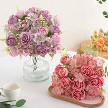 1/4 Peças Buquê de Flores Artificiais Realistas, Rosas Faux Reutilizáveis, Buquês de Crisântemos e Hortênsias com Haste, Decoração de Mesa para Casa e Sala, Arranjos de Flores Artificiais Centrais, Decoração de Jardim e Quintal Externos, Decoração de Casamento, Aniversário, Chá de Panela - Sem Recipiente