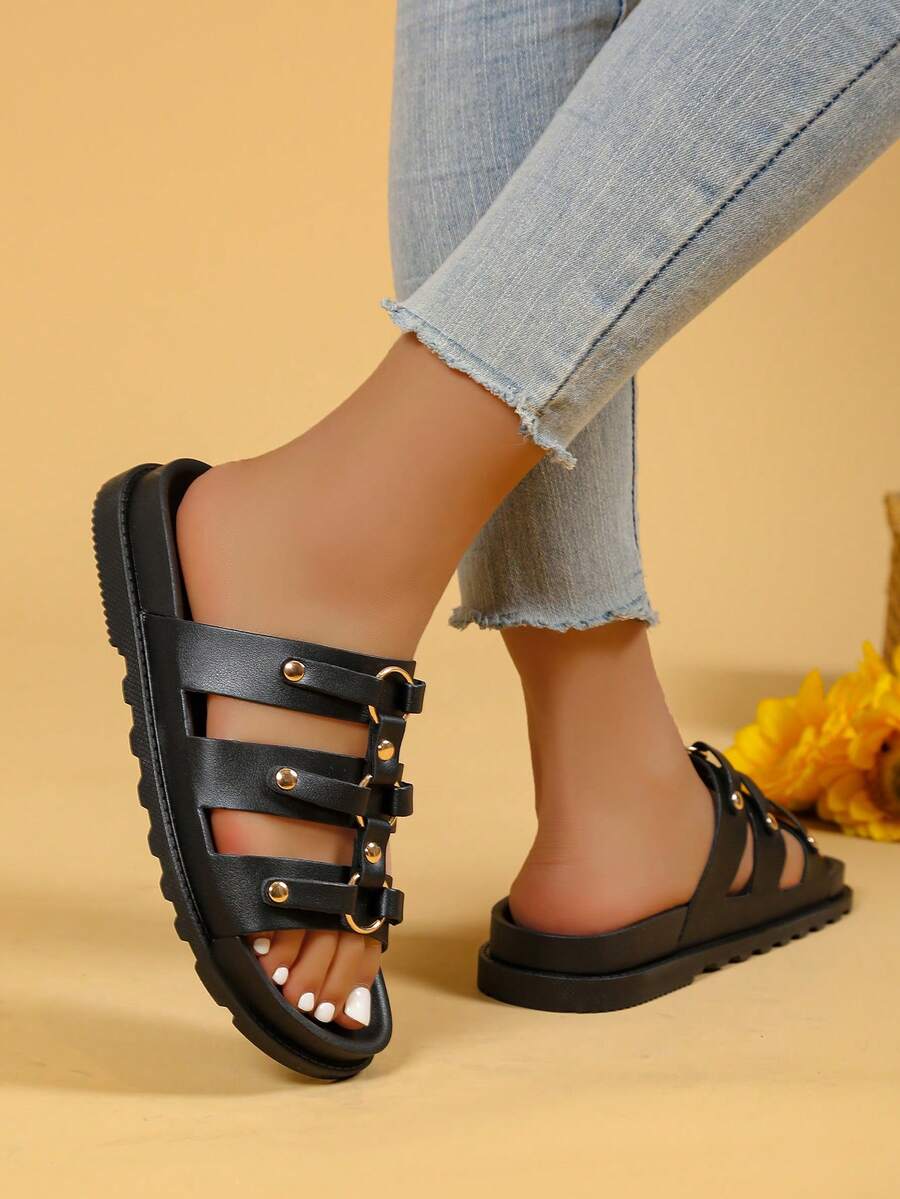 Women's Basic Fashion Casual Slippers, Rivet Decor, Suitable For Indoor/Outdoor, Beach - Black - View 1