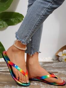 Vibrant, Flip-Flops With Abstract Fluid And Rainbow Patterns Composed Of Colorful Lines And Blocks, Presenting A Lively, Free, And Artistic Visual Effect. Comfortable And Fashionable Flat Slides For Casual Wear And Indoor Use - Multicolor - View 6