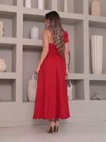 Victoria Luxury Duna Linen Midi Dress With One Shoulder Bow - Red - View 4