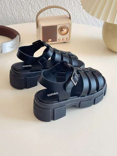 Sandal cao gót kiểu La Mã thời trang, thanh lịch, mũi tròn, dệt trang trí, dành cho bé gái, thích hợp đi ngoài trời.