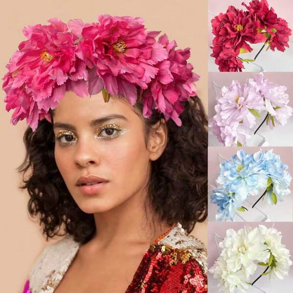 Nuevo diadema de flor de peonia artificial grande, diadema nupcial blanca para boda con diseño floral 3D de gran tamaño, accesorio para el cabello