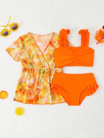 Young Girl Solid Color Frill Trim Swimsuit Set With Floral Print Short Kimono