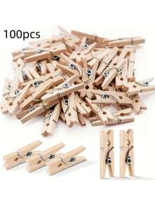 100Pcs Very Small Mine Size 25mm Mini Natural Wooden Clips For Photo Clips Clothespin Craft Decoration Clips Equipped With Rope - Apricot - View 4