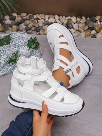 Women's Summer Wedge Platform Sport Sandals, Waterproof Peep Toe Roman Sandals, New Fashionable Hollow-Out Sponge Cake Shoes Colorblock Non-Slip Hook And Loop Casual Increase Height Sandals, Round Toe Comfortable Casual Walking Shoes, Essential Vacation Party Casual Wedge White Breathable Sandals, Fashionable Versatile Thick Bottom Solid Color Sandals For Girls