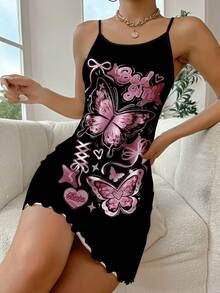 Bad Girl Pink Heart & Butterfly Pattern Camisole Slip Dress - Black - View 2