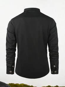 LEDUNTINO Áo sơ mi nam cài nút thường ngày ngoài trời, màu xanh lá cây trơn, phong cách thể thao, quà tặng bạn trai, áo nam dài tay xuân/thu, nhiều màu, túi đôi, cổ ve, quần áo xuân/thu - màu đen - Xem 2