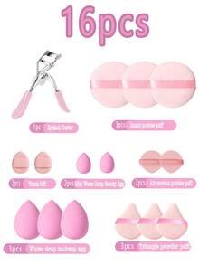 26件套完整化妆工具套装,基础面部化妆工具套装,化妆刷海绵套装,包含8支化妆刷、3个圆形粉扑、2个气垫粉扑、3个拇指粉扑、3个水滴蛋、3个迷你水滴蛋、3个三角粉扑、1个睫毛夹,适用于腮红、粉底、保湿霜和散粉。化妆刷套装,化妆刷套装,化妆刷套装,完整化妆套装,化妆刷套装,化妆刷套装,化妆刷套装,化妆礼盒套装 - 彩色 - 查看 17