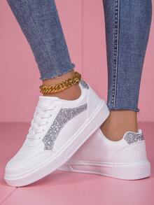Nuove scarpe casual da donna alla moda, scarpe da skateboard con decorazioni glitter, scarpi sportivi stringate con effetto color block - Argento - Visualizzare 4