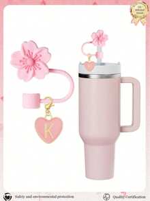 2 件套心形和字母秋海棠花吸管装饰、粉色杯字母标记和硅胶秋海棠花可重复使用吸管盖（适用于 1 厘米直径吸管），可爱字母装饰，适用于现代简约玻璃杯，返校用品 - 粉色 - 查看 17