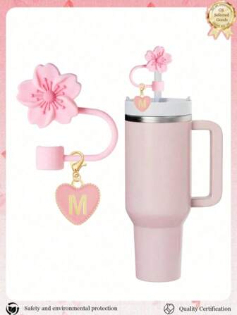 2 件套心形和字母秋海棠花吸管装饰、粉色杯字母标记和硅胶秋海棠花可重复使用吸管盖（适用于 1 厘米直径吸管），可爱字母装饰，适用于现代简约玻璃杯，返校用品