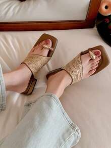 Sandal Jepit Anyaman Gaya Retro Prancis untuk Liburan, Sandal Wanita Musim Panas Desain Niche Hak Tebal Nyaman untuk Aktivitas Luar Ruangan, Sandal Jepit - Aprikot - View 5