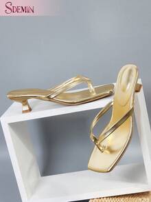 SDEMIN  Summer New Arrival Women's Solid Color Slippers, Elegant Vacation Shoes, Casual Beach High Heels Sandals, Fashionable Slip-On Heels For Dress - 金色 - 查看 4