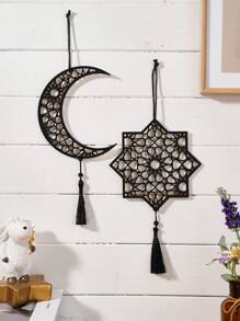 1 pieza Decoración colgante de forma de luna hueca hexagonal/octogonal de madera negra con borla negra, ornamentos colgantes creativos modernos de madera negra, disponible en varios estilos, adecuado para fiestas, decoración de pared, regalos decorativos, hogar, accesorios de arte