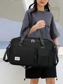 1 pièce Sac de gym, sac bandoulière de yoga, sac de sport avec compartiment pour chaussures et compartiment pour vêtements mouillés, en tissu Oxford noir résistant à l'usure et imperméable. Sac de voyage avec poches sèches et humides, sac à main léger et portable, sac de week-end ou d'un jour pour femmes et hommes, pour les entraînements, le gym, la natation et les voyages et vacances