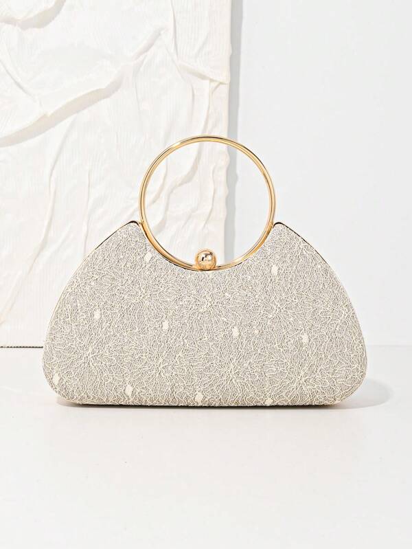 1pc Gold Metal Ring Tote Bag, Mesh Fabric Body With Glittering Sequins, Elegant, Luxury, Compact, Versatile Small Clutch Bag For Women, Suitable For Party, Wedding, Evening Dress, Parade, Exhibition, And Casual Outfit Accessory