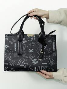 Women's Fashion Letter Print Multi-Functional Shoulder Tote Bag With Accessory, Stylish, Versatile For Commuting, PU Leather Material